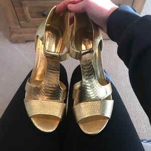 BCBGMaxAzria Metallic Gold T-Strap High Heels